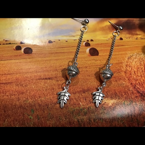 Acorn leaf silver handmade drop earrings stainless - Picture 5 of 11